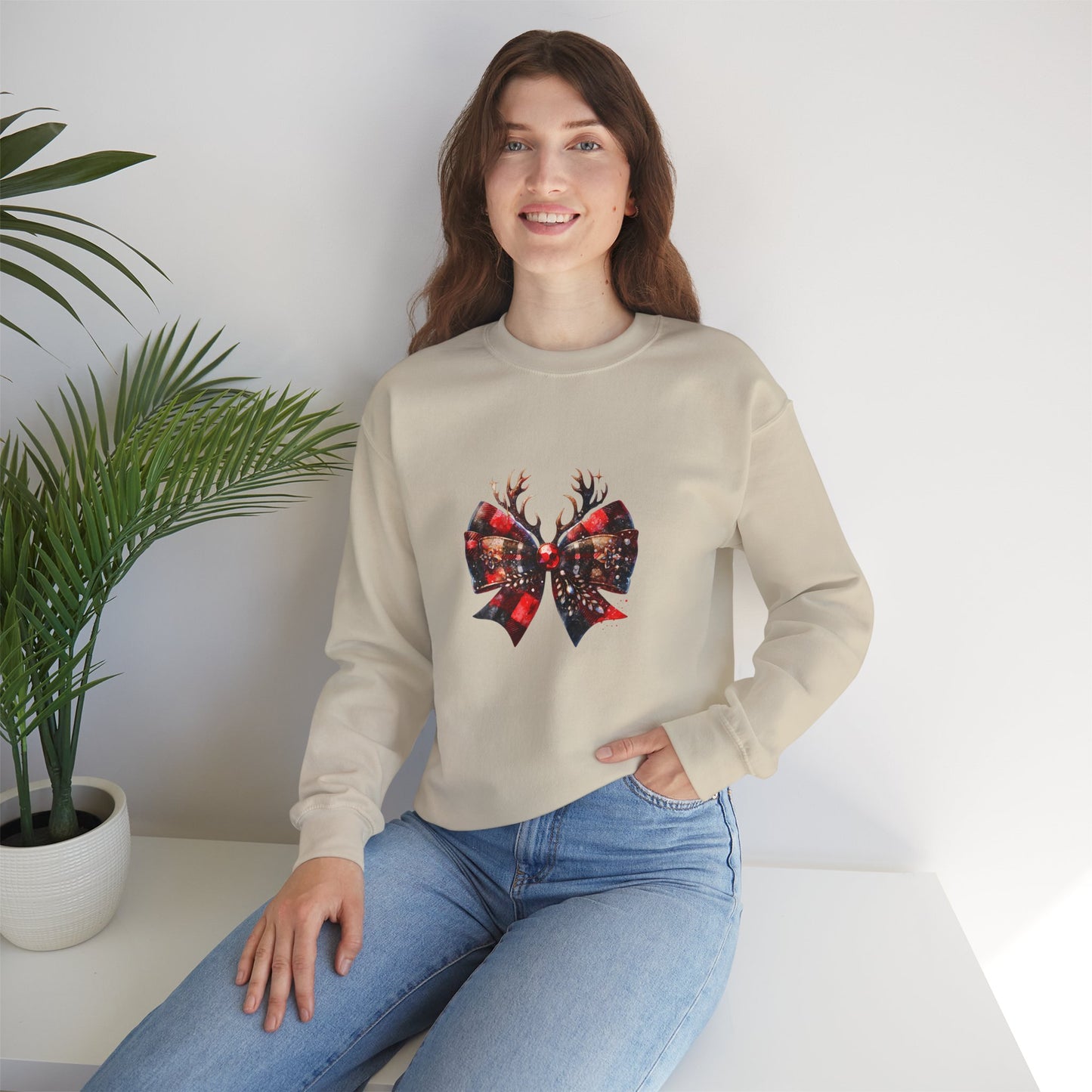 Crewneck Sweatshirt with Festive Reindeer Bow Graphic