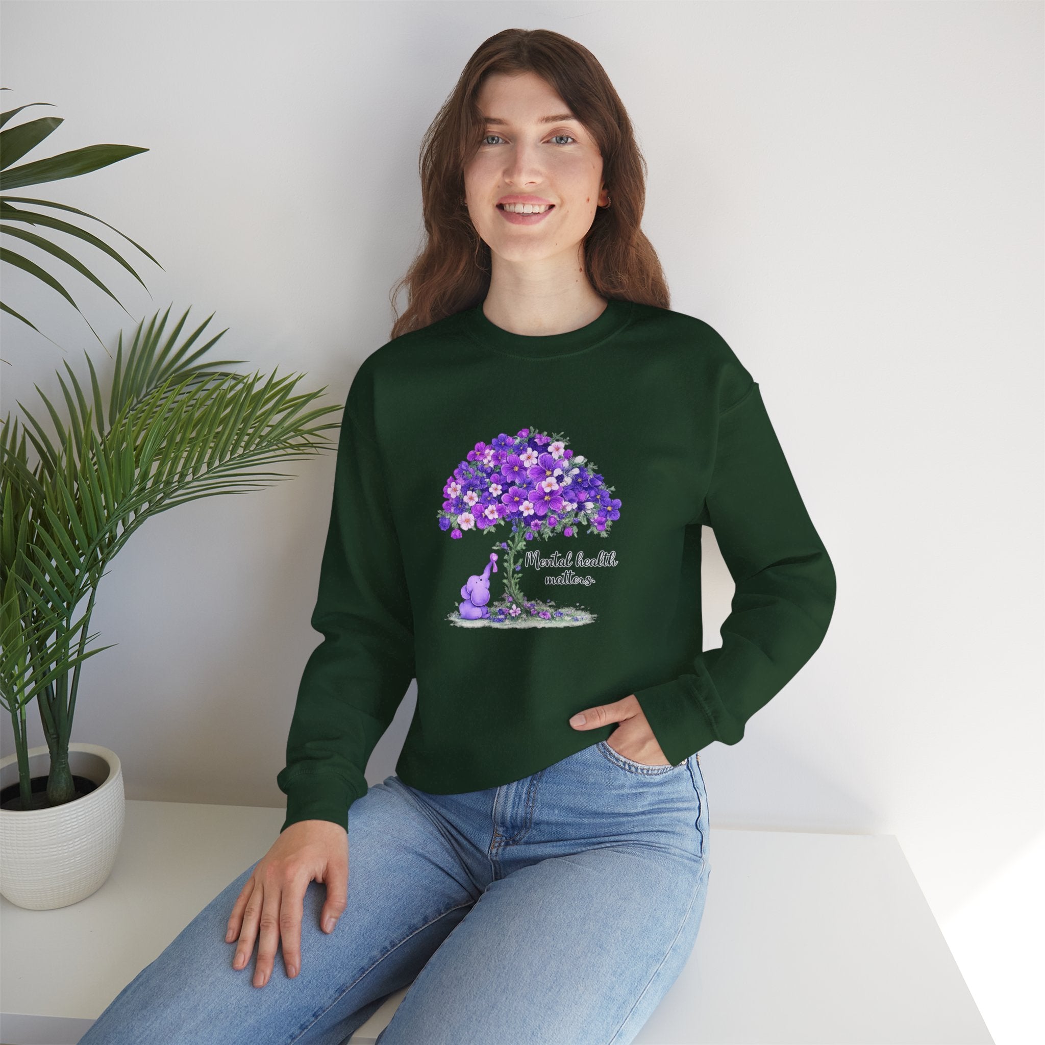 Purple Floral Tree & Cat Crewneck Sweatshirt.