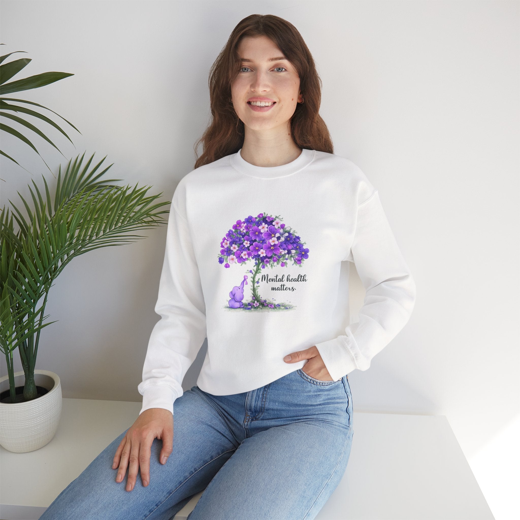 Purple Floral Tree & Cat Crewneck Sweatshirt.