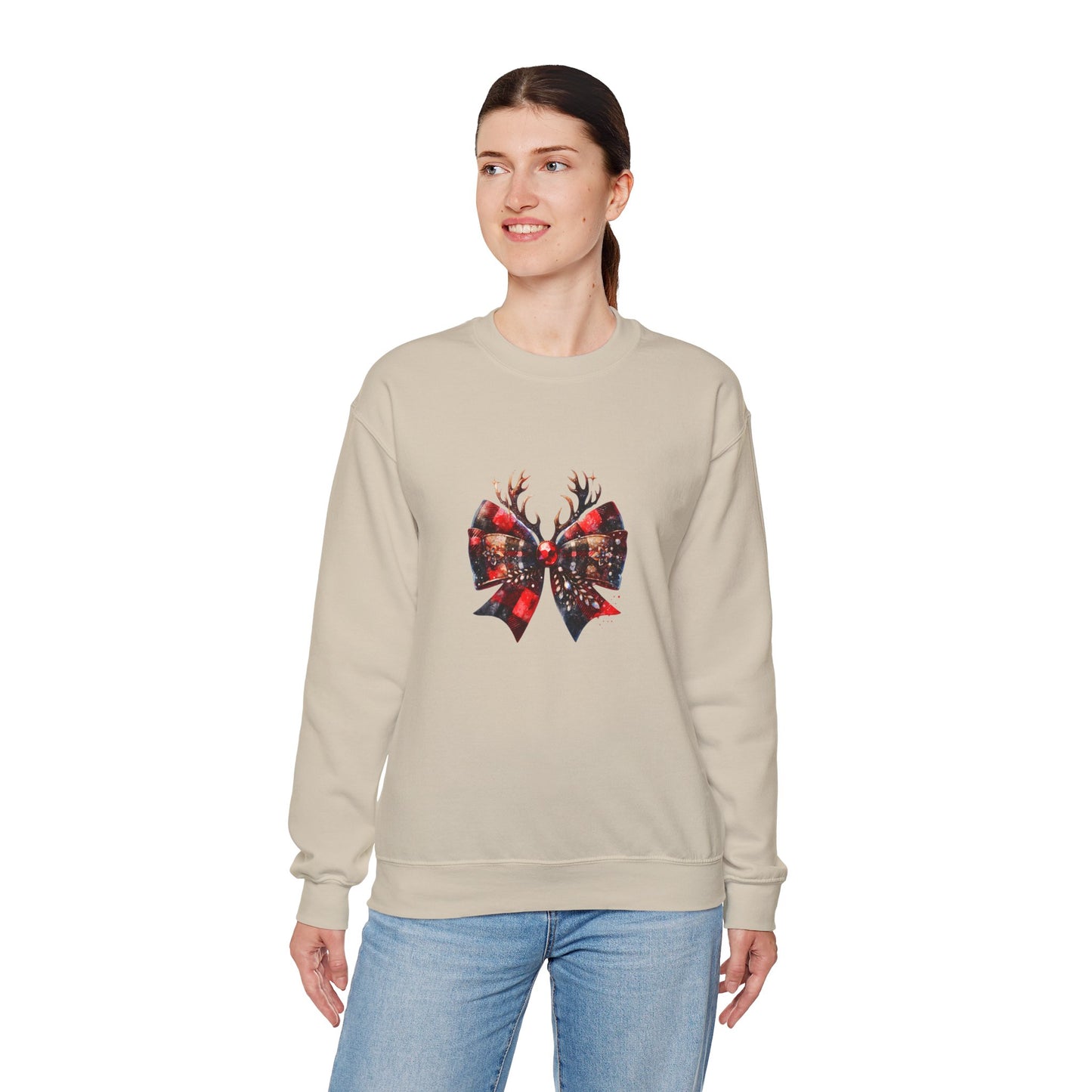 Crewneck Sweatshirt with Festive Reindeer Bow Graphic