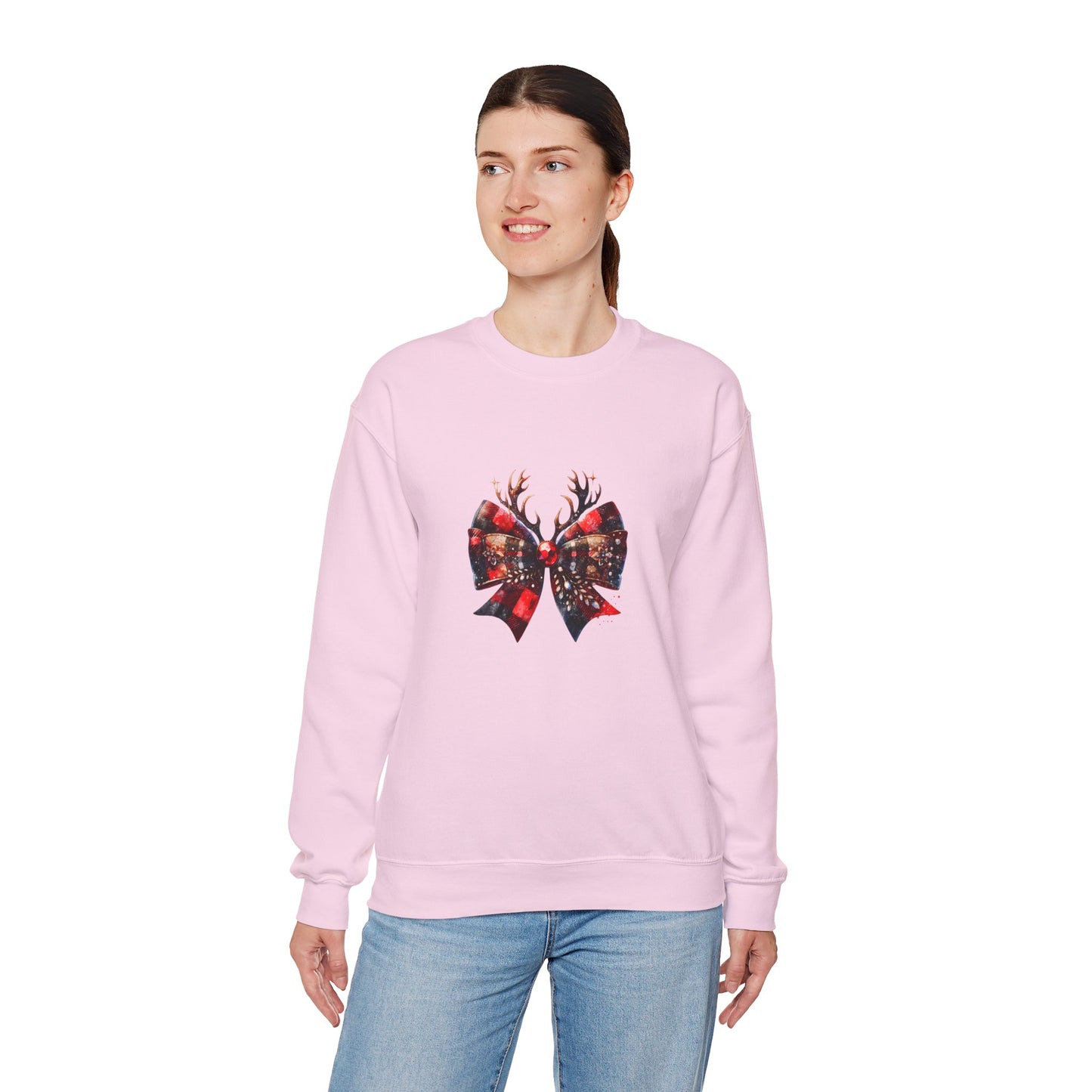 Crewneck Sweatshirt with Festive Reindeer Bow Graphic