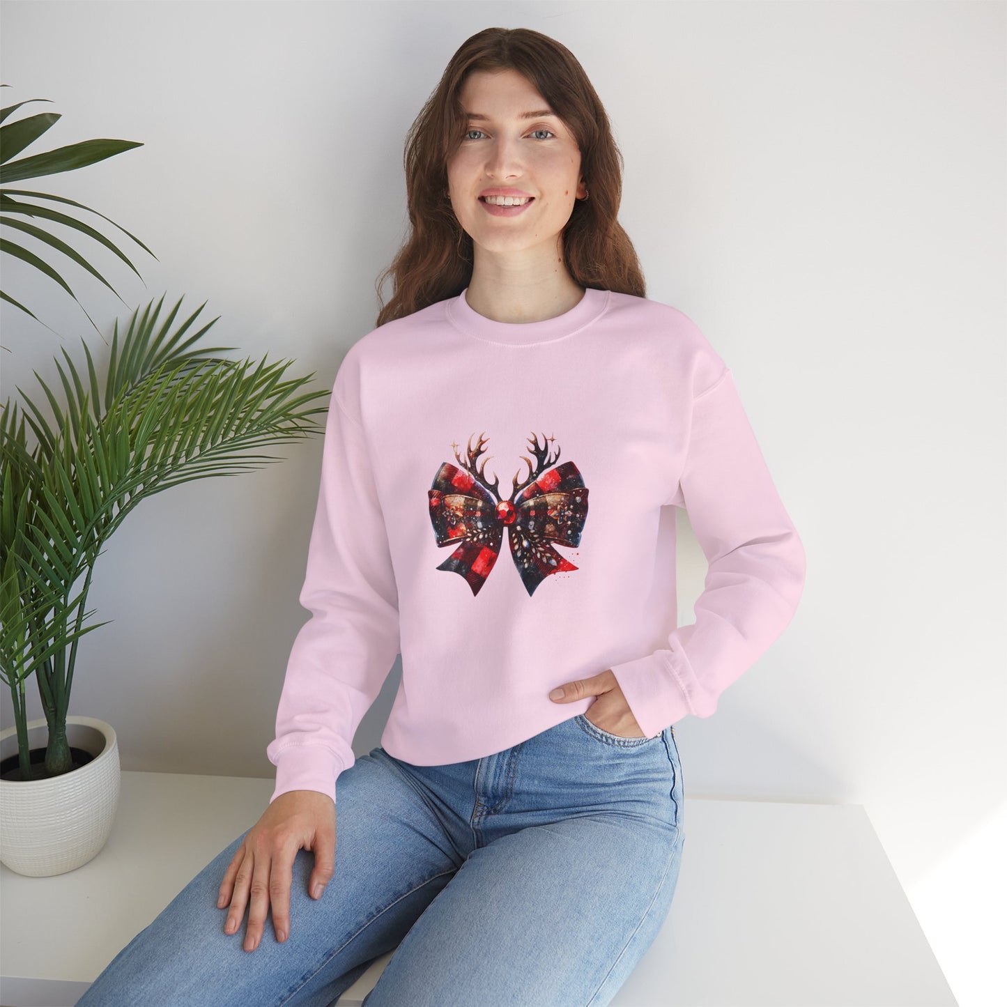 Crewneck Sweatshirt with Festive Reindeer Bow Graphic