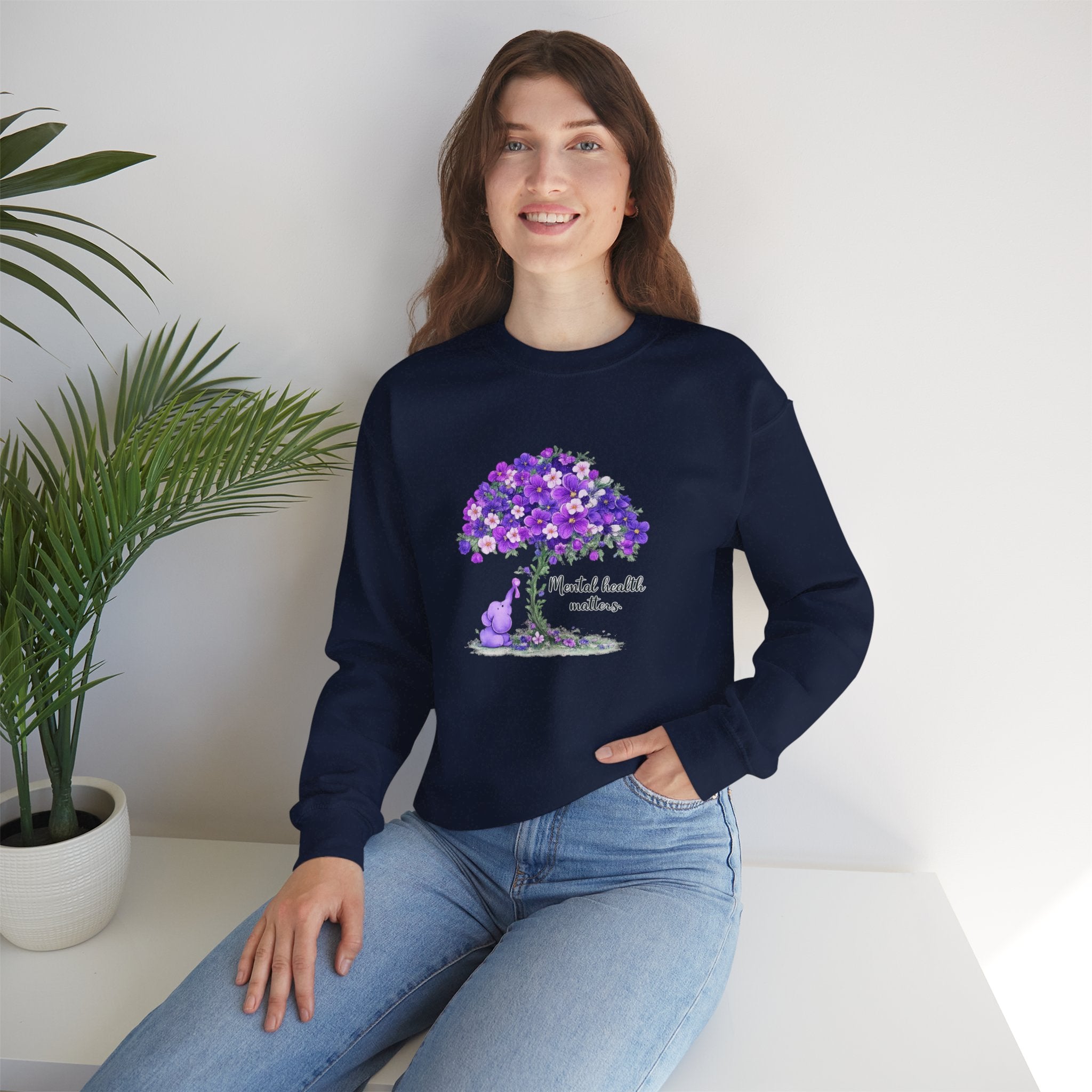 Purple Floral Tree & Cat Crewneck Sweatshirt.