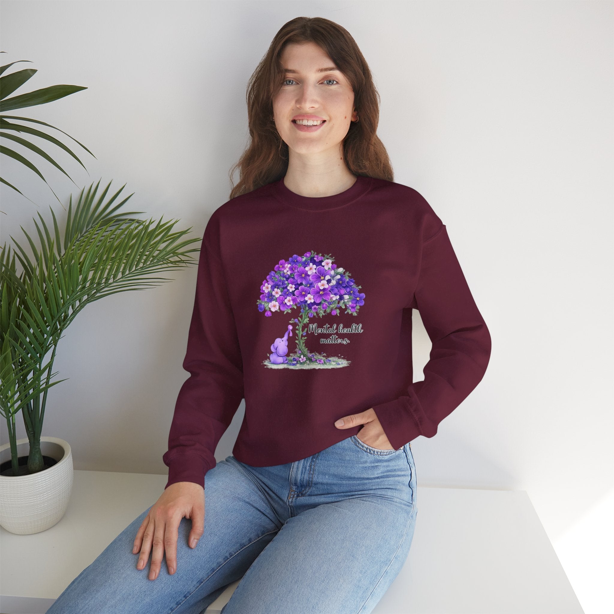 Purple Floral Tree & Cat Crewneck Sweatshirt.