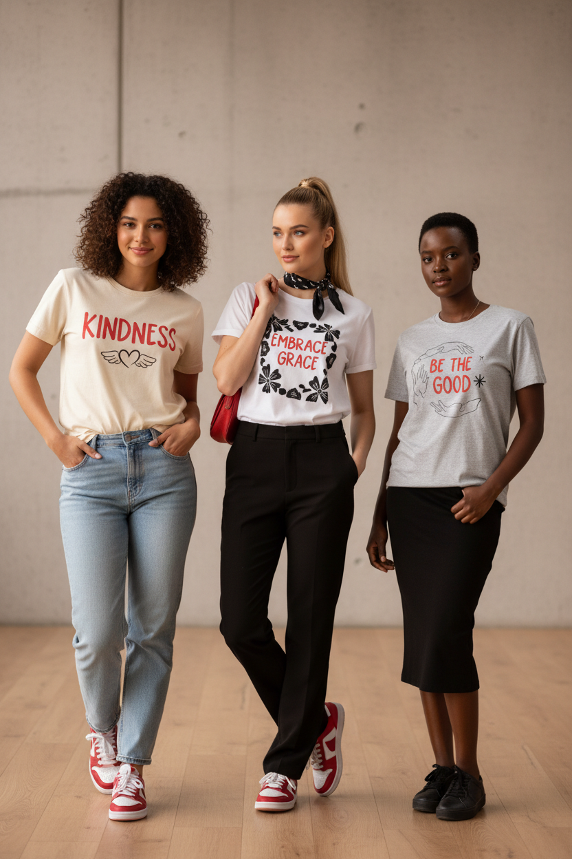 Create a mobile-sized full hero image for a Shopify print-on-demand T-shirt brand targeting women in the United States.

The image should feature:
- Confident young women wearing stylish T-shirts
- Kindness-themed designs on the T-shirts (positive words, soft messages, gentle typography)
- Full image coverage (no crop, no cut-off bodies)
- Clear visibility of the T-shirt design and fabric

Color & Accent:
- Dominant neutral tones
- Strong red and black accent colors in the T-shirt designs or styling
- Balan